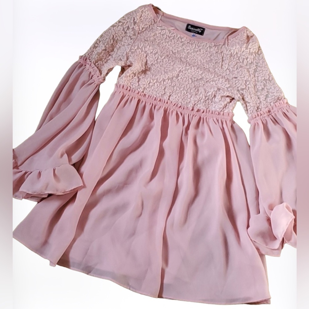 Pink Lace Flowy bell Long Sleeve Dress basically me babydoll